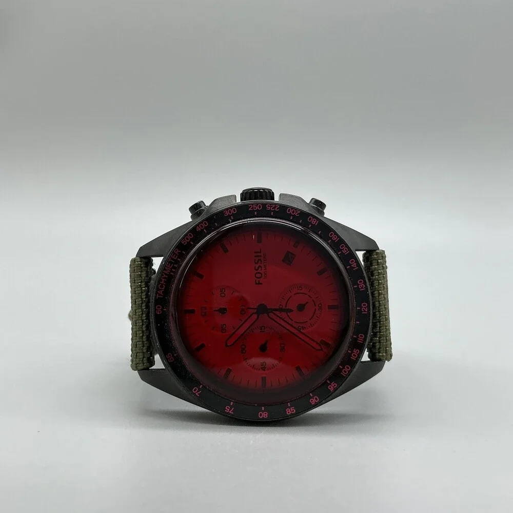 Fossil Mens Watch 44mm Red Dial Green Canvas Leather Chronograph CH3064 New Batt